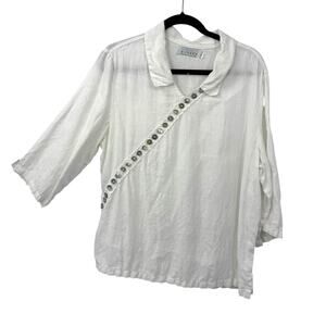Willow Linen Tunic Large White Asymmetrical Buttons V Neck Pullover Lagenlook